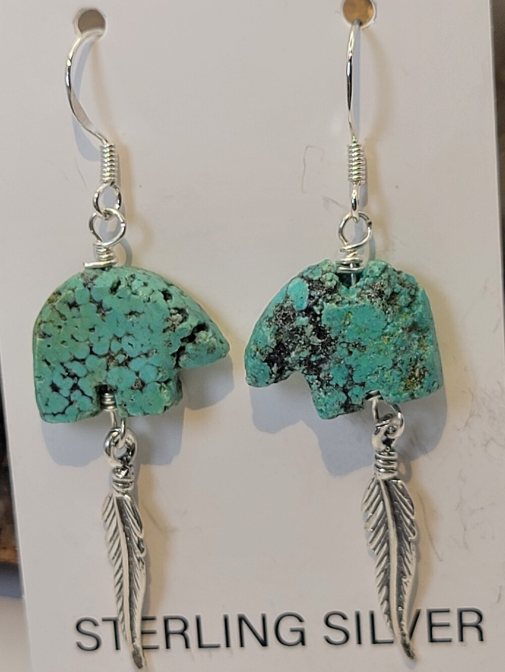 NEW Sterling Silver Kingman Turquoise Carved Bear & Feather Dangle Earrings - Picture 2 of 10
